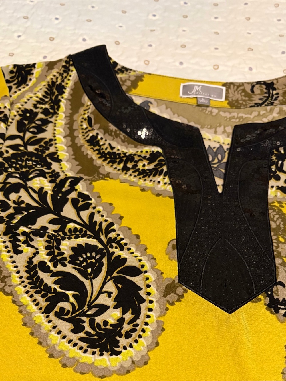 JM Collection Embellished Yellow & Black Paisley Print Tunic Blouse